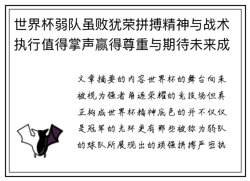 世界杯弱队虽败犹荣拼搏精神与战术执行值得掌声赢得尊重与期待未来成长